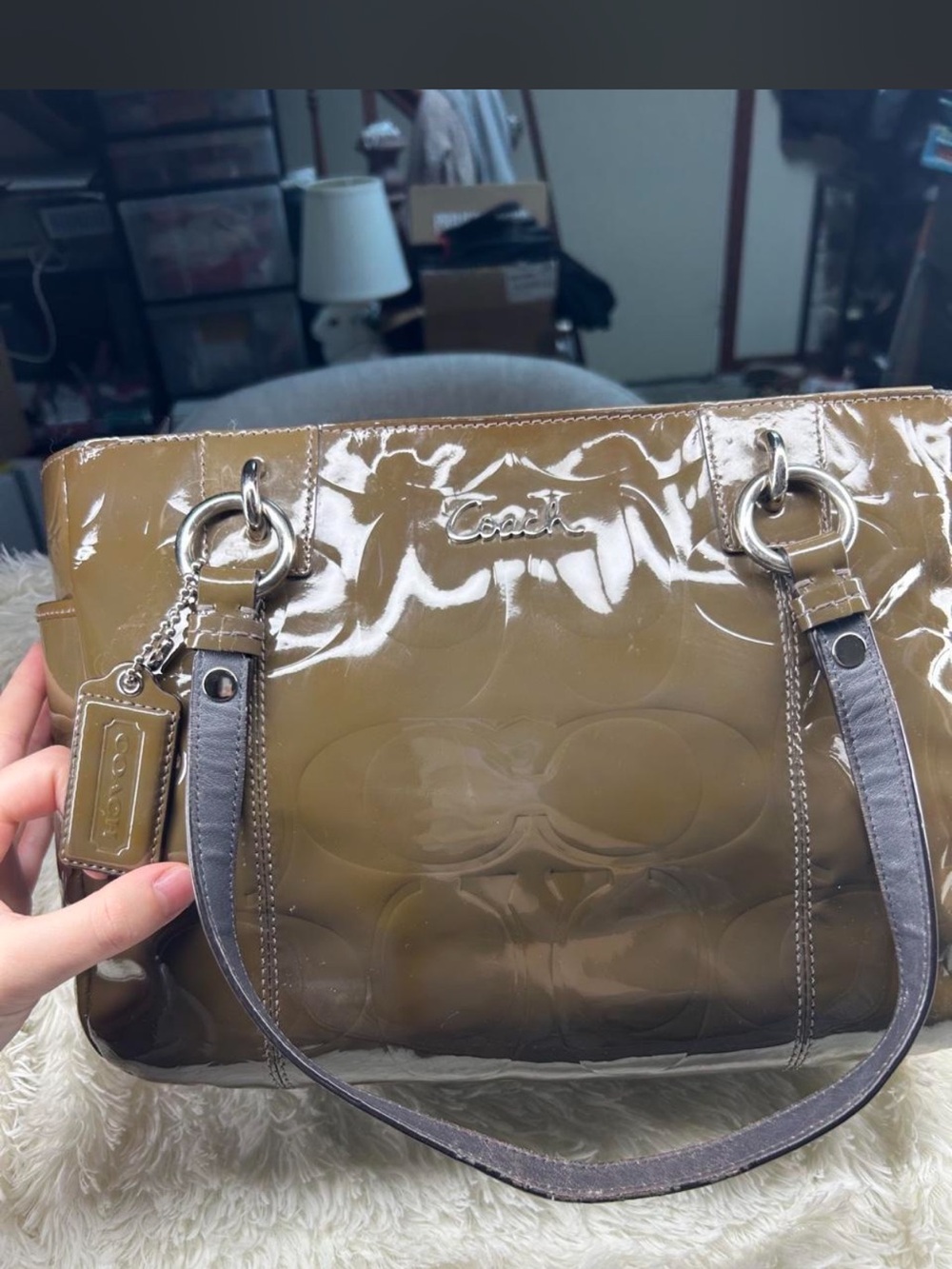 Coach Patent Embossed Tote in Olive Brown